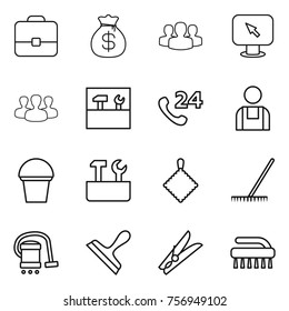 Thin line icon set : portfolio, money bag, group, monitor arrow, tools, phone 24, workman, bucket, repair, rag, rake, vacuum cleaner, scraper, clothespin, brush