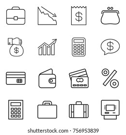Thin line icon set : portfolio, crisis, receipt, purse, money gift, diagram, calculator, message, credit card, wallet, percent, suitcase, atm
