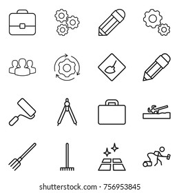 Thin line icon set : portfolio, gear, pencil, group, around, under construction, repair, drawing compasses, suitcase, soil cutter, fork, rake, clean floor, vacuum cleaner