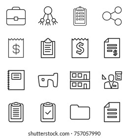 Thin line icon set : portfolio, share, clipboard, receipt, account balance, copybook, slum, modular house, architector, check, documents, document