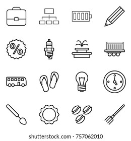 Thin line icon set : portfolio, hierarchy, battery, pencil, percent, spark plug, fountain, truck shipping, bus, flip flops, bulb, watch, big spoon, induction oven, coffee seeds, fork