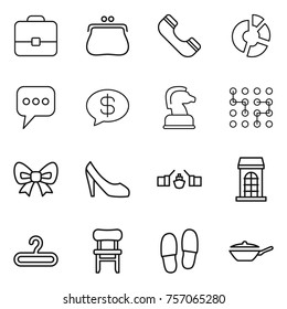 Thin line icon set : portfolio, purse, phone, circle diagram, message, money, chess horse, chip, bow, shoes, drawbridge, building, hanger, chair, slippers, pan