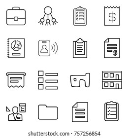 Thin line icon set : portfolio, share, clipboard, receipt, annual report, pass card, account balance, atm, list, slum, modular house, architector, documents, document