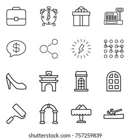 Thin line icon set : portfolio, alarm clock, gift, cashbox, money message, molecule, lightning, chip, shoes, arch, building, window, repair, restaurant, soil cutter