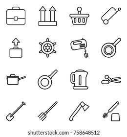 Thin line icon set : portfolio, cargo top sign, basket, suitcase, baggage, handwheel, mixer, pan, saute, kettle, scissors, shovel, fork, axe, toilet brush
