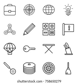 Thin line icon set : portfolio, target, globe, bulb, spinner, pencil, calculator, important flag, parachute delivery, key, iron board, stands for knives, skimmer, pancakes, wheel, broom