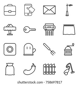 Thin line icon set : portfolio, touch, mail, outdoor light, restaurant, key, antique column, curtain, ring button, cook glove, big fork, hand mill, flour, eggplant, fence, vacuum cleaner