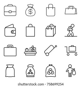 Thin line icon set : portfolio, money bag, shopping, wallet, tourist, suitcase, baggage checking, trolley, flour, fertilizer, garbage, trash