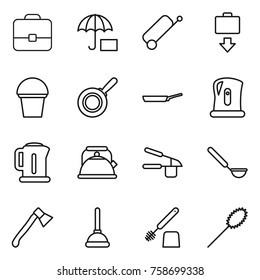 Thin line icon set : portfolio,  suitcase, baggage get, bucket, pan, kettle, garlic clasp, ladle, axe, plunger, toilet brush, duster