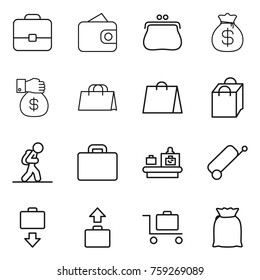 Thin line icon set : portfolio, wallet, purse, money bag, gift, shopping, tourist, suitcase, baggage checking, get, trolley, flour