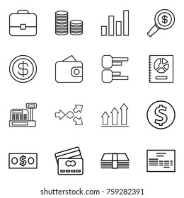 Thin line icon set : portfolio, coin stack, graph, dollar magnifier, wallet, diagram, annual report, cashbox, core splitting, up, money, credit card, invoice
