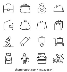 Thin line icon set : portfolio, purse, money bag, shopping, wallet, tourist, suitcase, baggage get, trolley, flour, trash, washing powder, construct garbage