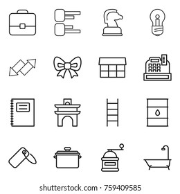 Thin line icon set : portfolio, diagram, chess horse, bulb, up down arrow, bow, market, cashbox, copybook, arch, stairs, barrel, label, pan, hand mill, bath