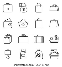 Thin line icon set : portfolio, money gift, shopping bag, wallet, add to basket, suitcase, baggage checking, get, flour, garbage, washing powder