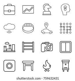Thin line icon set : portfolio, statistics, chess horse, bulb head, cloud wireless, smart bracelet, car pointer, chip, city, rack, camera, power switch, ring button, stool, fire, hive