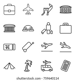 Thin line icon set : portfolio, plane, greate wall, airport building, dome house, passenger, suitcase, ticket, departure, arrival, tent, palm, transfer, inflatable mattress