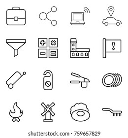 Thin line icon set : portfolio, molecule, notebook wireless, car pointer, funnel, calculator, mansion, important flag, suitcase, do not distrub, garlic clasp, plates, fire, windmill, soap, brush
