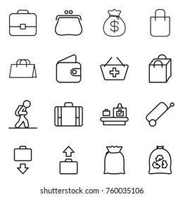 Thin line icon set : portfolio, purse, money bag, shopping, wallet, add to basket, tourist, suitcase, baggage checking, get, flour, garbage