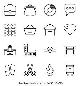 Thin line icon set : portfolio, purse, circle diagram, message, chip, remove from basket, home, heart, castle, mansion, drawbridge, stool, slippers, scissors, fire, hive
