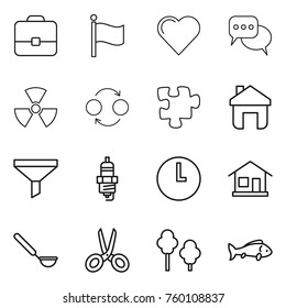 Thin line icon set : portfolio, flag, heart, discussion, nuclear, quantum bond, puzzle, home, funnel, spark plug, clock, ladle, scissors, trees, fish