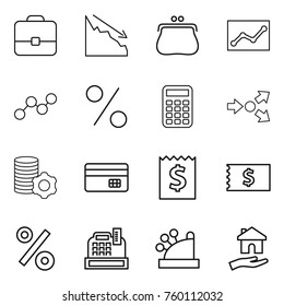 Thin line icon set : portfolio, crisis, purse, statistics, graph, percent, calculator, core splitting, virtual mining, credit card, receipt, cashbox, housing