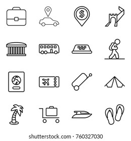 Thin line icon set : portfolio, car pointer, dollar pin, greate wall, airport building, bus, taxi, tourist, passport, ticket, suitcase, tent, palm, baggage trolley, yacht, flip flops