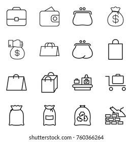 Thin line icon set : portfolio, wallet, purse, money bag, gift, shopping, baggage checking, trolley, flour, garbage, construct