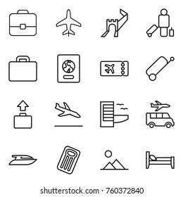 Thin line icon set : portfolio, plane, greate wall, passenger, suitcase, passport, ticket, baggage, arrival, hotel, transfer, yacht, inflatable mattress, landscape, bed