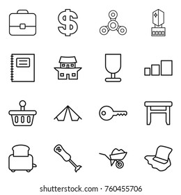 Thin line icon set : portfolio, dollar, spinner, crystall memory, copybook, japanese house, fragile, sorting, basket, tent, key, stool, toaster, blender, wheelbarrow, floor washing
