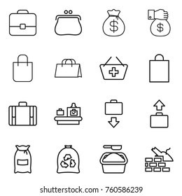 Thin line icon set : portfolio, purse, money bag, gift, shopping, add to basket, suitcase, baggage checking, get, flour, garbage, washing powder, construct