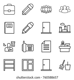 Thin line icon set : portfolio, pencil, team, group, copybook, door, city, architector, phone, document, reception, rack, window, bucket and broom
