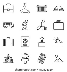 Thin line icon set : portfolio, car pointer, airport building, dome house, bus, tourist, passenger, suitcase, passport, baggage, arrival, hotel, signpost, inflatable mattress, landscape