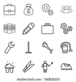 Thin line icon set : portfolio, money bag, gear, group, server, pencil, suitcase, gears, wrench, rake, blower, vacuum cleaner, house cleaning, clothespin, woman with duster, iron