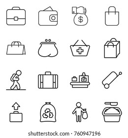 Thin line icon set : portfolio, wallet, money gift, shopping bag, purse, add to basket, tourist, suitcase, baggage checking, garbage, trash, washing powder