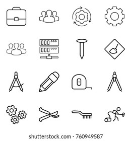 Thin line icon set : portfolio, group, around gear, server, nail, under construction, draw compass, pencil, measuring tape, drawing compasses, gears, pruner, brush, vacuum cleaner