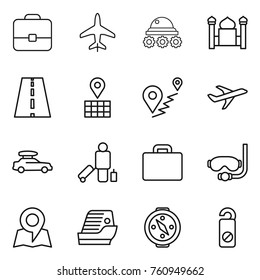 Thin line icon set : portfolio, plane, lunar rover, minaret, road, map, route, car baggage, passenger, suitcase, diving mask, cruise ship, compass, do not distrub