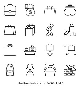 Thin line icon set : portfolio, money gift, shopping bag, purse, tourist, passenger, suitcase, baggage checking, get, trolley, flour, fertilizer, washing powder, construct garbage