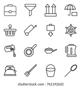 Thin line icon set : portfolio, funnel, cargo top sign, insurance, basket, suitcase, baggage get, handwheel, mixer, pan, kettle, fork, bucket, duster