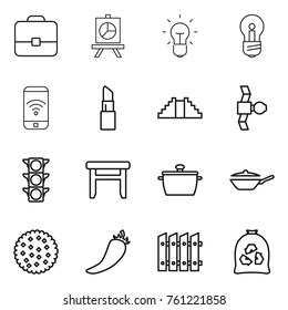 Thin line icon set : portfolio, presentation, bulb, phone wireless, lipstick, pyramid, satellite, traffic light, stool, pan, cookies, hot pepper, fence, garbage bag