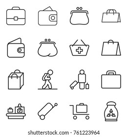 Thin line icon set : portfolio, wallet, purse, shopping bag, add to basket, tourist, passenger, suitcase, baggage checking, trolley, fertilizer