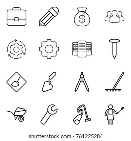 Thin line icon set : portfolio, pencil, money bag, group, around gear, server, nail, under construction, drawing compasses, rake, wheelbarrow, wrench, vacuum cleaner, woman with duster