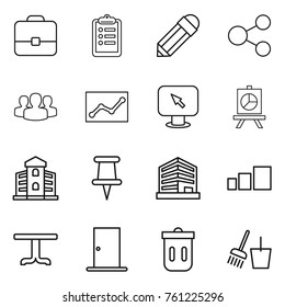 Thin line icon set : portfolio, clipboard, pencil, share, group, statistics, monitor arrow, presentation, building, pin, office, sorting, table, door, trash bin, bucket and broom