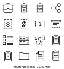 Thin line icon set : portfolio, report, clipboard, share, receipt, atm, list, modular house, architector, check, documents, document