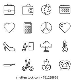 Thin line icon set : portfolio, wallet, circle diagram, calendar, heart, calculator, shoes, courier delivery, restaurant, thermometer, pan, scissors, fire, pretzel