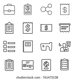 Thin line icon set : portfolio, report, share, receipt, clipboard, atm, list, copybook, slum, architector, invoice, passport