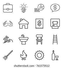 Thin line icon set : portfolio, bulb, diagram, money message, smart glasses, home, tax, atm, surfer, sink, chair, stairs, fork, fire, sun, wine
