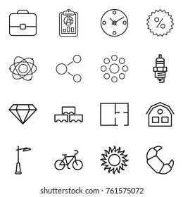 Thin line icon set : portfolio, report, clock, percent, atom, molecule, round around, spark plug, diamond, block wall, plan, house, outdoor light, bike, sun, croissant