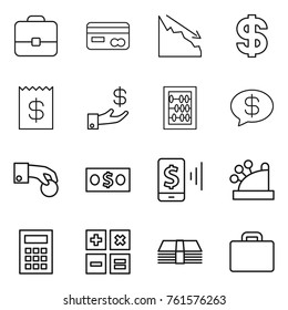 Thin line icon set : portfolio, card, crisis, dollar, receipt, investment, abacus, money message, hand coin, mobile pay, cashbox, calculator, suitcase