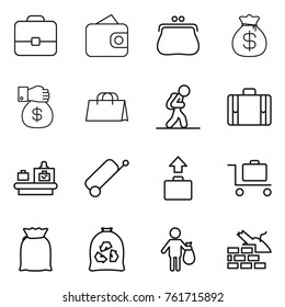 Thin line icon set : portfolio, wallet, purse, money bag, gift, shopping, tourist, suitcase, baggage checking, trolley, flour, garbage, trash, construct