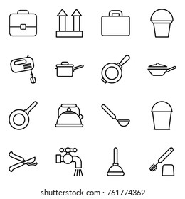 Thin line icon set : portfolio, cargo top sign, suitcase, bucket, mixer, saute pan, kettle, ladle, pruner, water tap, plunger, toilet brush
